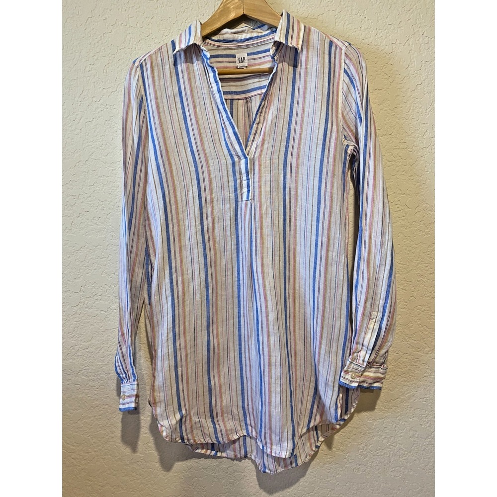 Gap Multicolor Stripe Boyfriend Tunic Shirt Size XS Rainbow 100% Linen Beach - Picture 2 of 11